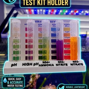 May include: Aquarium test kit holder with test tubes displaying water parameters. The holder has text that reads "pH", "High pH", "Ammonia", "Nitrite", and "Nitrate". The image also includes text that says "Quick, Easy & Accurate Water Testing", "Keep Your Fish Healthy & Happy", and "Durable, Lightweight & Corrosion Resistant".