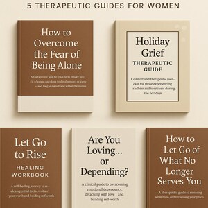 Könnte beinhalten: Ein Set aus fünf therapeutischen Ratgebern zur emotionalen Heilung während der Feiertage. Die Bücher tragen Titel wie „Wie man die Angst vor dem Alleinsein überwindet“ und „Feiertrauer“. Die Cover sind in Braun- und Cremetönen gehalten.