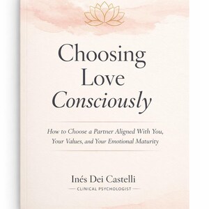 May include: A book titled "Choosing Love Consciously" with a soft pink watercolor background and a gold lotus flower illustration. The book's subtitle reads, "How to Choose a Partner Aligned With You, Your Values, and Your Emotional Maturity."