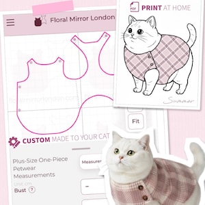 May include: A digital sewing pattern for a cat plus-size vest, featuring a pink plaid design. The image displays a technical line drawing, a PDF print-at-home icon, and a white cat wearing the finished pink plaid vest with two brown buttons.
