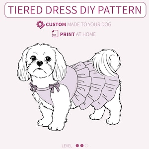 Puede incluir: Ilustración de un perro blanco con un vestido escalonado lila con lazos. La imagen incluye el texto "TIERED DRESS DIY PATTERN" y "CUSTOM MADE TO YOUR DOG". La dirección del sitio web www.floralmirrorlondon.com también es visible.