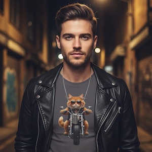 Funny Biker Cat Motorcycle Shirt - Cool Ginger Cat Rider Tee - Biker Gift for Cat Lovers - Badass Animal Graphic Top - Motorcycle Apparel