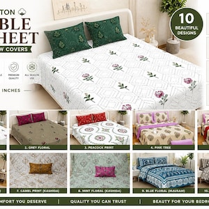 Könnte beinhalten: Ein 100 % Baumwoll-Doppelbettwäsche-Set mit zwei Kissenbezügen. Das Set hat ein weißes Blumendesign mit grünen und lila Akzenten. Das Bettlaken misst 274 x 274 cm. Enthält 10 schöne Designs.