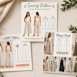 Può includere: Sono esposti diversi modelli di cucito per pantaloni palazzo e pantaloni a gamba larga. I modelli includono viste anteriori e posteriori, insieme a immagini dei capi finiti. Il testo sui modelli recita "Sewing Pattern", "Carry Pants" e "Plazzo Pants".