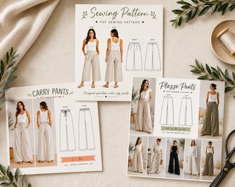 May include: Several sewing pattern templates for palazzo pants and wide-leg pants are displayed. The patterns include front and back views, along with images of the finished garments. The text on the patterns reads "Sewing Pattern", "Carry Pants", and "Plazzo Pants".