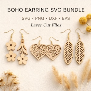 May include: A collection of wooden earrings in various designs, including flowers, leaves, hearts, and feathers. The earrings are light brown and have gold-colored hooks. Text at the top reads "BOHO EARRING SVG BUNDLE" and "Laser Cut Files".