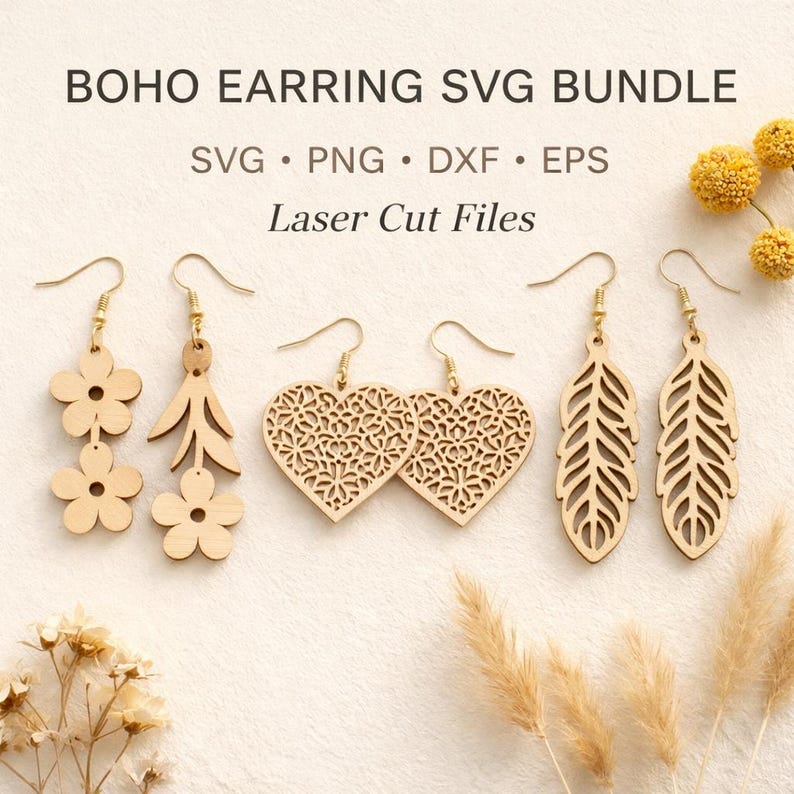May include: A collection of wooden earrings in various designs, including flowers, leaves, hearts, and feathers. The earrings are light brown and have gold-colored hooks. Text at the top reads "BOHO EARRING SVG BUNDLE" and "Laser Cut Files".