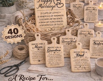 May include: A collection of wooden cutting boards with various recipes engraved on them. The boards are in different shapes and sizes, with text like "Recipe for a Happy Marriage" and "Recipe for Mom". The image also includes the text "40 Designs" and "A Recipe For...BUNDLE".