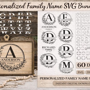 Puede incluir: Un paquete de diseño digital con archivos SVG de nombres familiares personalizados. La imagen muestra varias opciones de diseño, incluyendo marcos de monogramas, letreros de nombres familiares y un conjunto de alfabeto. Se muestra el texto "Personalized Family Name SVG Bundle".