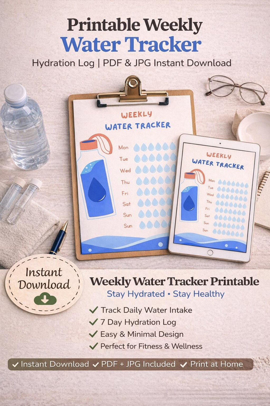 Weekly Water Tracker Printable | Minimalist Hydration Log (A4 PDF/JPEG ...