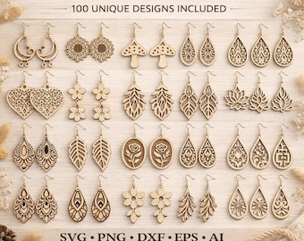 Lot de boucles d'oreilles bohèmes SVG | 100 motifs en bois découpés au laser (téléchargement numérique)