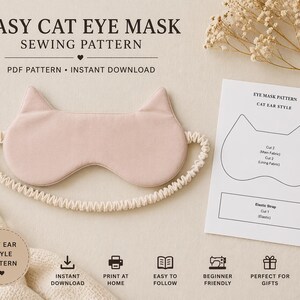 Pode incluir: Uma máscara de olhos de gato rosa claro com uma alça elástica creme, ao lado de uma folha de padrão. O texto diz "Easy Cat Eye Mask Sewing Pattern". O padrão é um PDF para download instantâneo.