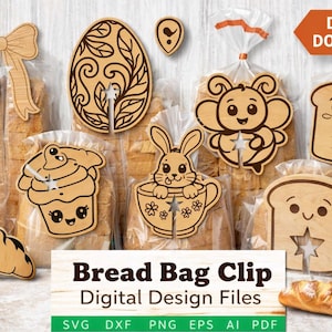 Puede incluir: Clips de madera cortados con láser para bolsas de pan, con formas de lazo, huevo, cupcake, conejito, abeja y tostada. La imagen muestra el texto "Bread Bag Clip Digital Design Files". Diseñado para descarga digital.