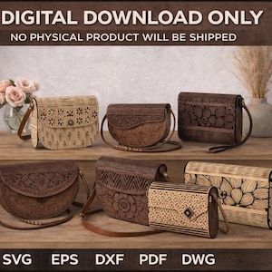 Puede incluir: Una colección de bolsos de mano de madera tallada con diseños variados. Algunos bolsos presentan patrones florales, mientras que otros tienen diseños geométricos o abstractos. Los bolsos son de tonos marrones y beige, con correas largas y ajustables. El texto "SOLO DESCARGA DIGITAL" es visible.