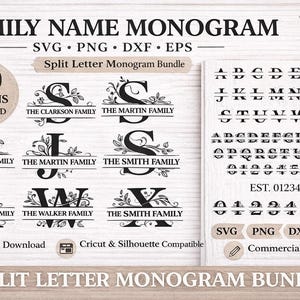 May include: A digital download bundle featuring split letter monograms for family names. Includes 60 designs in SVG, PNG, DXF, and EPS formats. The image displays various monogram examples, an alphabet, numbers, and the text "Family Name Monogram".