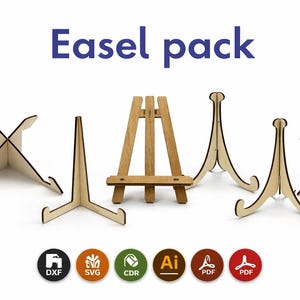 Könnte beinhalten: Eine Sammlung von Holzstaffeleien in verschiedenen Designs. Das Bild zeigt eine kleine Holzstaffelei sowie mehrere andere Präsentationsständer. Der Text "Easel pack" wird oben angezeigt. Symbole für DXF-, SVG-, CDR-, AI- und PDF-Dateien.
