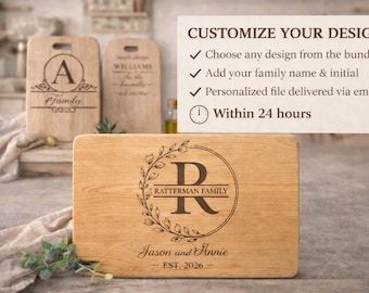 May include: Wooden cutting boards with engraved designs. One board features the letter "A" and the word "Family". Another board has the name "Williams". The main board displays the letter "R", the name "Ratterman Family", and the names "Jason and Annie", with the year "2026".