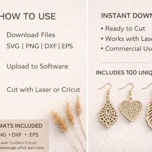 May include: Wooden earrings in various cutout designs, including a teardrop, heart, and leaf shape. The image also shows instructions for use, file formats, and instant download details. The text includes "SVG, PNG, DXF, EPS" file formats.