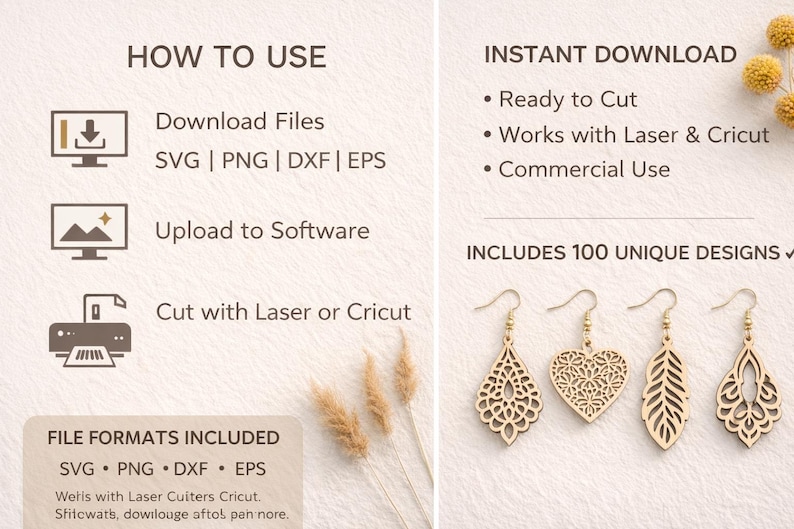 May include: Wooden earrings in various cutout designs, including a teardrop, heart, and leaf shape. The image also shows instructions for use, file formats, and instant download details. The text includes "SVG, PNG, DXF, EPS" file formats.