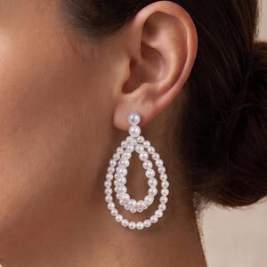 White Freshwater Pearl Layered Teardrop Earrings, 14K Gold Filled Sterling Silver Posts, French Vintage Nested Hoop Dangles