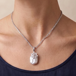 Detachable Baroque Pearl Snowflake Necklace, Sterling Silver Enhancer Pendant, Freshwater Pearl Winter Jewelry, Christmas Gift for Her