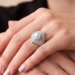 Anello in oro 14 carati con perla, fede nuziale geometrica in stile Art Déco, gioiello con perla d'acqua dolce