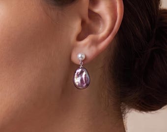 Purple Baroque Pearl Earrings, Metallic Violet Freshwater Pearl Dangles, S925 Sterling Silver Stud Drops, Iridescent Luster Jewelry