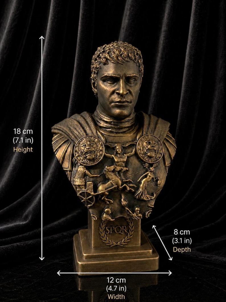 Pode incluir: Busto em bronze de um imperador romano, com 18 cm de altura, 12 cm de largura e 8 cm de profundidade. A escultura apresenta tra&ccedil;os faciais e armadura detalhados, com as letras "SPQR" na base. O busto est&aacute; sobre um fundo escuro.