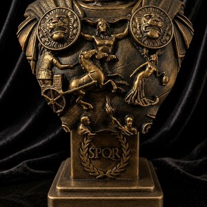 Pode incluir: Busto de cor bronze com detalhes em relevo intrincados. Apresenta medalh&otilde;es de le&otilde;es, cenas de carros e figuras. A base exibe as letras "SPQR" dentro de uma coroa de louros. Uma pe&ccedil;a decorativa com temas hist&oacute;ricos.