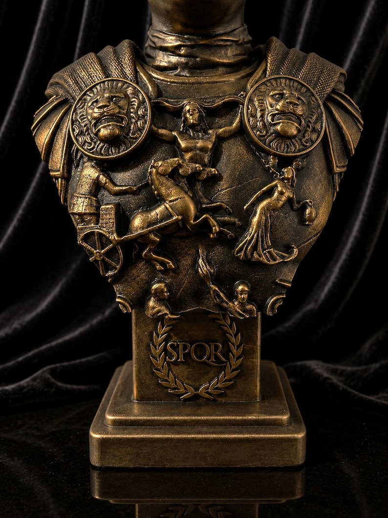 Pode incluir: Busto de cor bronze com detalhes em relevo intrincados. Apresenta medalh&otilde;es de le&otilde;es, cenas de carros e figuras. A base exibe as letras "SPQR" dentro de uma coroa de louros. Uma pe&ccedil;a decorativa com temas hist&oacute;ricos.