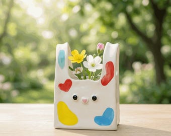 Cute Cat Ceramic Vase, Kawaii Flower Vase, Whimsical Desk Decor, Colorful Heart Accent Vase, Unique Gift for Her