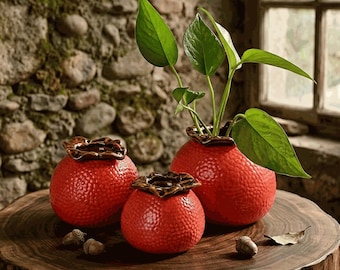 Pomegranate Ceramic Vase Set, Textured Fruit Vase, Rustic Farmhouse Decor, Small Bud Vase Trio, Unique Gift for Her Home