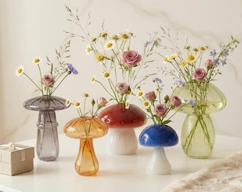 Colorful Glass Mushroom Vase, Cute Mini Bud Vase, Nordic Decorative Vase, Aesthetic Home Decor, Small Flower Vase Gift