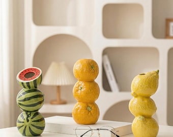 Handmade Fruit Ceramic Planter, Hand-Painted Orange Lemon Watermelon Succulent Pot, Cute Summer Style Terracotta Vase, Home Decor Gift