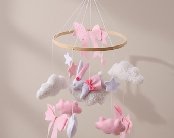 Soft Felt Pink Bear Baby Mobile Blue Bear or Bunny Theme with Clouds and Balls, Soft Animal Nursery Decor, Handmade Neutral Baby Shower Gift