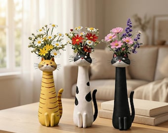 Cute Cat Planter Vase, Resin Cat Flower Pot, Mini Animal Succulent Planter, Decorative Desk Vase, Gift for Cat Lovers, Home Decor