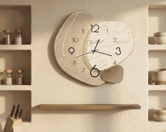 Modern Abstract Wall Clock, Minimalist Textured Resin & Wood Design, Neutral Boho Home Decor, Silent Wall Clock Gift for Living Room