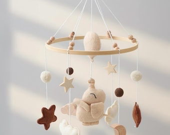 Handmade Felt Baby Crib Mobile, Elephant Ocean or Woodland Animal Theme Nursery Decor with Stars and Clouds,  Neutral Baby Shower Gift