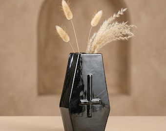 Gothic Black Ceramic Vase, Cross Design Vase, Modern Dark Home Decor, Halloween Decor, Minimalist Flower Vase