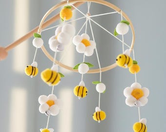 Pink or Yellow Bee Mobile, Felt Flower Crib Hanging, Floral MobileCustom Nursery Decor, Bumblebee Baby Shower Gift for baby and mother