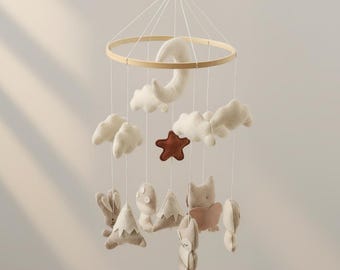 Handmade Felt Baby Mobile, Cloud and Moon Nursery Hanging , Rocket Deer Bunny Options, Neutral Baby Decor Baby Shower or Newborn Gift