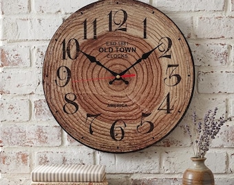 Rustic Wood Wall Clock, Vintage Farmhouse Tree Ring Design Silent Quartz, Round Wall Decor for Living Room, Gift for Home