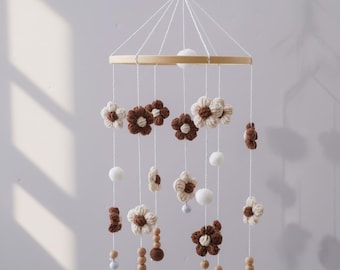 Handmade Crochet Flower Baby Mobile Brown Orange Pink Optionswith Felt Flowers and Yarn Balls, Cotton Nursery Hanging Decor,  Baby Gift