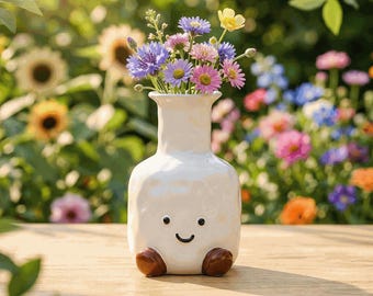 Cute Character Ceramic Vase, Kawaii Smiley Flower Vase, Minimalist Desk Decor, Small Modern Home Accent, Gift for Her