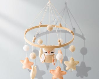 Felt Bird Baby Mobile with Wooden Hoop, Star and Yarn Ball Nursery Decor, Handmade Woodland Crib Mobile, Baby Shower Gift