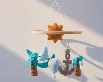 Handmade Ocean Felt Baby Mobile Dolphin or Palm Tree Hot Air Balloon Theme, with Sun Moon and Stars,  Coastal Nursery Decor Baby Shower Gift