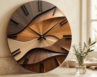 Modern Wooden Wall Clock, Abstract Layered Wood Design Silent Clock, Minimalist Living Room Decor Gift for Housewarming Him Her