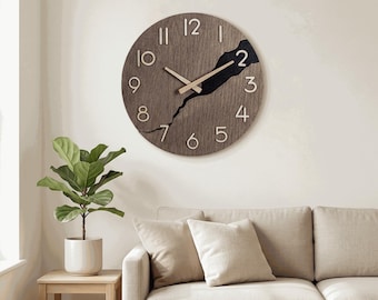 Rustic Wooden Wall Clock, Cracked Design Wood Clock, Unique Handmade Home Decor, Silent Modern Wall Art, Gift for Housewarming