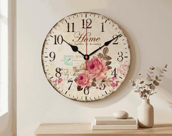 Vintage Floral Wall Clock Rustic Farmhouse Decor, Shabby Chic Rose Clock, Antique Style Wooden Look Home Accent Gift for Her