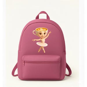 May include: A magenta backpack with a front zippered pocket and a top handle. The backpack features a cartoon ballerina with a coffee cup for a head. The ballerina is wearing a white tutu and is in a ballet pose.
